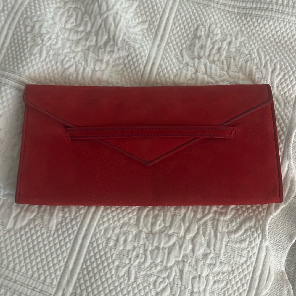 Transversion red suede document holder / clutch with purple interior